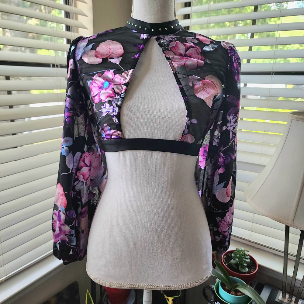 Floral Cutout Long Sleeve Top Semi Sheer